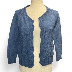 Vintage Hand knit Womens Cottagecore‎ Blue Open Front Cardigan Grandma Sweater S